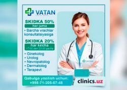 SKIDKA 50% vrachlar konsultatsiyasiga HAR JUMA va 20% har kechga Vatan Tibbiyot Markazida